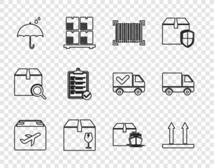 Set line Plane and cardboard box, This side up, Barcode, Delivery with fragile content, Umbrella rain drops, Verification of delivery list, Cargo ship boxes and cargo truck vehicle icon. Vector