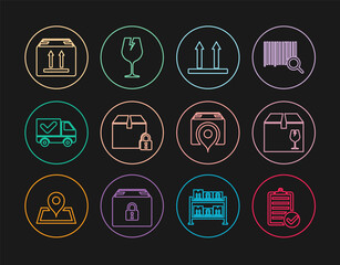 Set line Verification of delivery list, Delivery box with fragile content, This side up, Locked package, truck check mark, Cardboard traffic, Location cardboard and Fragile broken glass icon. Vector