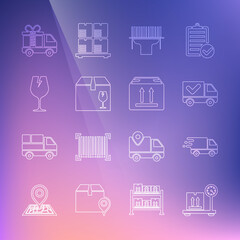 Set line Scale with cardboard box, Delivery truck in movement, check mark, Scanner scanning bar code, fragile content, Fragile broken glass, gift and Cardboard traffic icon. Vector
