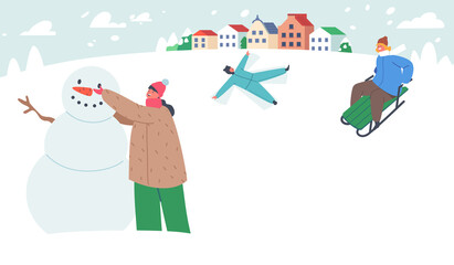 Christmas Holidays Activity. Happy Children Company in Warm Clothes Making Snowman, Sliding and Making Angel in Snow