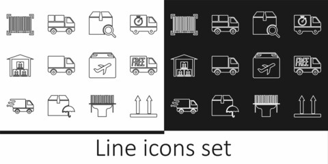 Set line This side up, Free delivery service, Search package, Delivery cargo truck vehicle, Warehouse, Barcode, Plane and cardboard box and with boxes icon. Vector