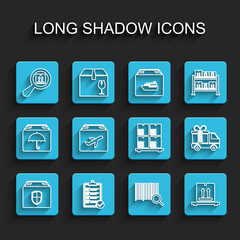 Set line Delivery box security shield, Verification of delivery list, Search package, barcode, Cardboard boxes pallet, Plane and cardboard, truck with gift and icon. Vector