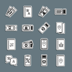 Set line Cover book travel guide, Museum ticket, Bus, Ticket and icon. Vector