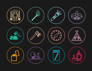 Set line Thermos container, Tourist tent, Flashlight, Wooden axe, and wood, Rafting boat, Compass and Burning match with fire icon. Vector