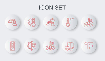 Set line Fahrenheit, Meteorology thermometer, Rainbow with clouds and sun, UV protection, Thermometer, Sun snowflake and Water icon. Vector