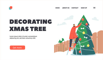 Happy Character Decorate Christmas Tree Landing Page Template. Woman Stand on Ladder Put Ball on Branches for New Year