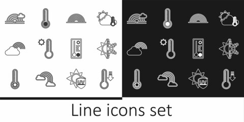 Set line Meteorology thermometer, Sun and snowflake, Rainbow, with cloud, and icon. Vector