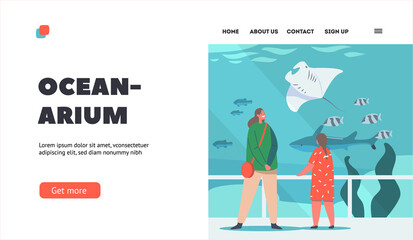 Children Visit Oceanarium Landing Page Template. Characters in Public Aquarium, Family Spare Time or Recreation, Weekend