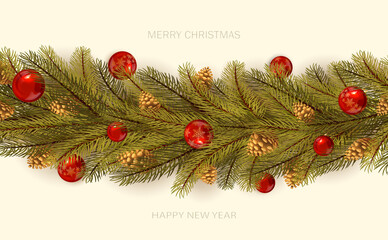 Fototapeta na wymiar Holiday Lettering and Christmas Tree with Red Balls on Beige Background