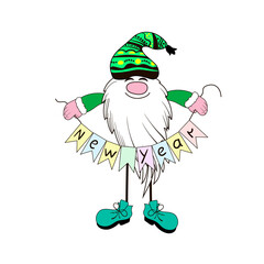 A cute Christmas gnome in a green suit holds a garland with the inscription - New Year, drawn in a cartoon style. Stock vector illustration isolated on white background.