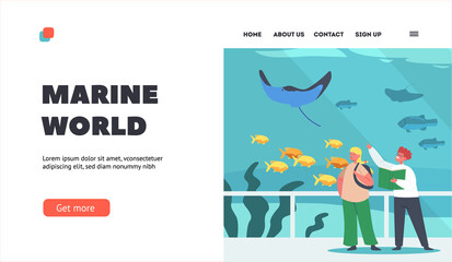 Marine World Landing Page Template. School Kids Characters in Oceanarium Learning Underwater Animals, Aquarium