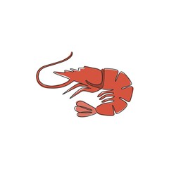 One continuous line drawing of fresh shrimp for seafood logo identity. Prawn mascot concept for Chinese restaurant icon. Single line draw design vector graphic illustration