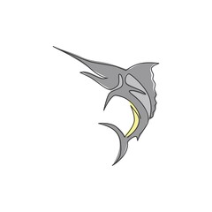 One single line drawing of giant marlin for fresh meat company logo identity. Jumping swordfish mascot concept for seafood can icon. Continuous line draw graphic design vector illustration