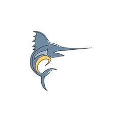 Single continuous line drawing of large marlin for marine company logo identity. Jumping swordfish mascot concept for fishing tournament icon. One line draw graphic design vector illustration