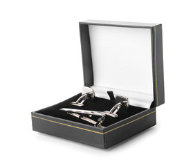Stylish male cufflinks on white background
