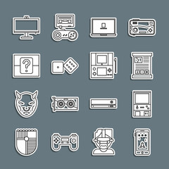 Set line Mobile and playing in game, Retro arcade machine, Game guide, Laptop, dice, Mystery or random box, Computer monitor and Portable video console icon. Vector
