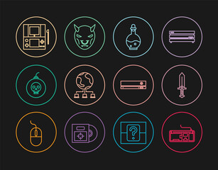 Set line Computer keyboard, Sword for game, Bottle with magic elixir, network, Bomb ready to explode, Portable video console, Video and Mask of the devil horns icon. Vector