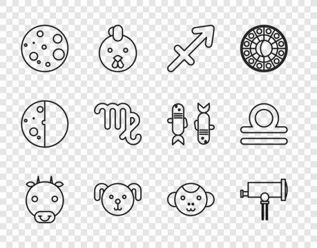 Set line Ox zodiac, Telescope, Sagittarius, Dog, Moon, Virgo, Monkey and Libra icon. Vector