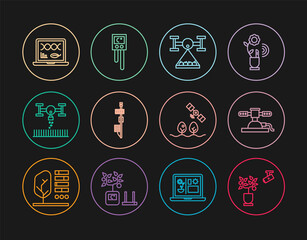 Set line Smart farming technology, Automatic irrigation sprinklers, with drone, Standalone sensor, Genetic engineering modification, and Temperature humidity icon. Vector