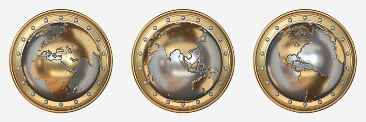 Naklejka premium Three golden globe shields 3D