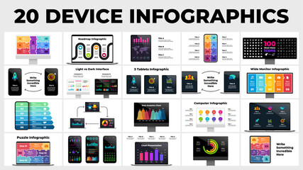 Show your interface with 20 electronic device mockups. Includes computer, notebook, smartphone and tablet. Infographic template presentation. Puzzle banners, arrows, charts and diagrams.