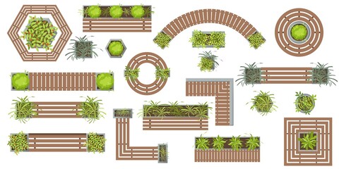 Wooden benches and plants in pots top view. Set of vector Outdoor wooden furniture for landscape design . Collection of Architectural elements, plants, trees, tables, benches, chairs in flat style