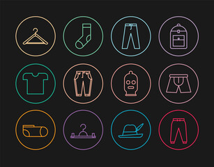 Set line Sport pants, Men underpants, Pants, T-shirt, Hanger wardrobe, Balaclava and Socks icon. Vector