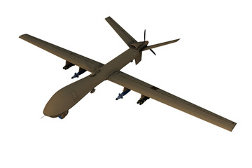 3D illustration of a green military drone aircraft in flight vie