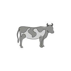 One single line drawing of fat cow for husbandry logo identity. Mammal animal mascot concept for livestock icon. Continuous line draw design graphic vector illustration