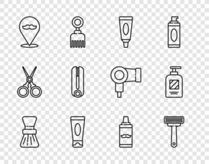 Set line Shaving brush, razor, Cream lotion cosmetic tube, Barbershop, Curling iron for hair, gel foam and Bottle of shampoo icon. Vector