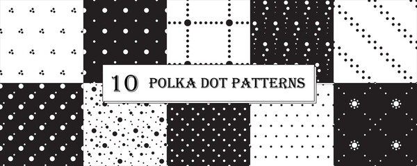 Seamless vector pattern set. Collection of geometrical designs for backgrounds and fabric. Monochrome polka dot. Black and white ornaments.