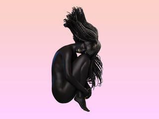 Peaceful sleep. Full body of a female figure with long hair curled up like a fetus sleeping in a light space (3D illustration).