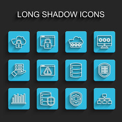 Set line Pie chart infographic, Server with shield, Cloud computing lock, Shield settings gear, Hierarchy organogram, Browser exclamation mark, and Server, Data, Web Hosting icon. Vector