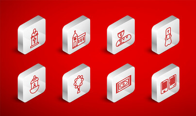 Set line The commandments, Church building, First communion symbols, Priest, Traditional carpet, pastor preaching, Rosary beads religion and Ramadan Kareem lantern icon. Vector