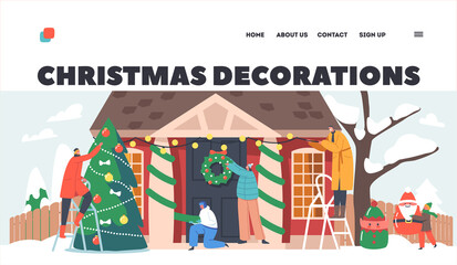 Happy Family Decorate House for Christmas Landing Page Template. Parents and Kids Hang Festive Wreath on Home Door
