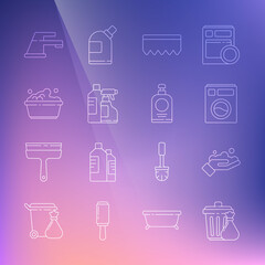 Set line Trash can and garbage bag, Washing hands with soap, Washer, Sponge bubbles, Bottles for cleaning agent, Plastic basin suds, Water tap and Hand sanitizer bottle icon. Vector