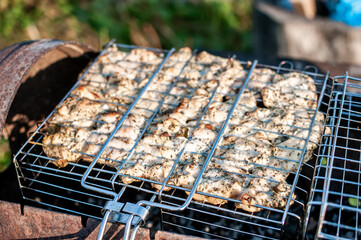 grilled meat skewers chicken meat holder over fire burned churcoal