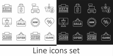 Set line Hanging sign with Closed, Discount percent tag heart, Cash register machine, Sale, Monitor shopping basket, Shopping building and sale, Price text New and Shoping bag dollar icon. Vector