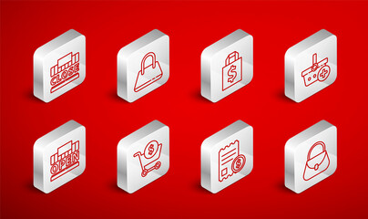 Set line Handbag, Shoping dollar, Add to Shopping basket, Paper check financial check, building text closed, cart and open icon. Vector