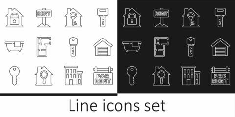 Set line Hanging sign with For Rent, Garage, House key, plan, Bathtub, under protection, and icon. Vector