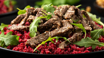 Bulgur salad with beetroot and roast beef. Healthy diet food