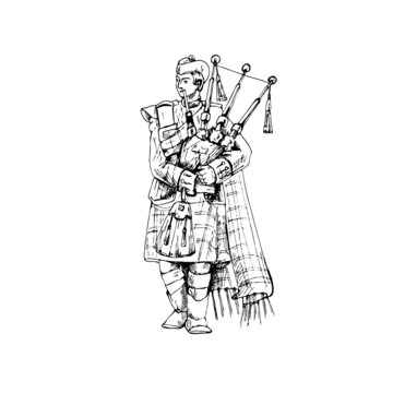 Scottish man dressed in kilt playing traditional bagpipes. Vintage black engraving