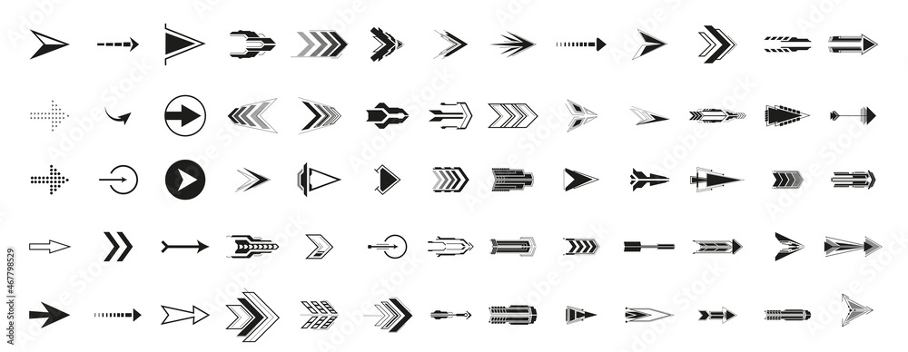 Poster Arrows are a large black set of icons. Arrow icon. Collection of vector arrows.  Futuristic interface hud design elements.  Vector illustration isolated pointer signs set