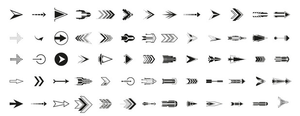 Arrows are a large black set of icons. Arrow icon. Collection of vector arrows.  Futuristic interface hud design elements.  Vector illustration isolated pointer signs set