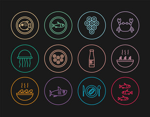 Set line Fishes, Soup with shrimps, Caviar, on plate, Jellyfish, Puffer, Sauce bottle and Served icon. Vector