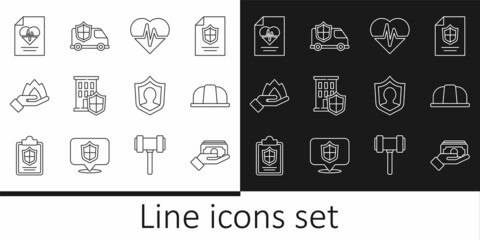 Set line Stacks paper money cash, Worker safety helmet, Health insurance, House with shield, Hand holding fire, Life and Car icon. Vector