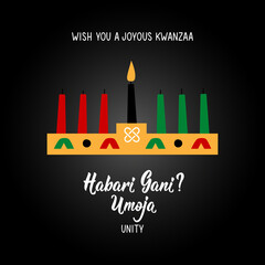 Questions in Swahili: How are you. Traditional greetings during Kwanzaa. Umoja means Unity. Congratulations on the first day of Kwanzaa. African American holidays card.