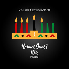 Questions in Swahili: How are you. Traditional greetings during Kwanzaa. Nia means Purpose. Congratulations on the fifth day of Kwanzaa. African American holidays card.