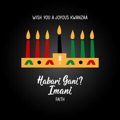 Questions in Swahili: How are you. Traditional greetings during Kwanzaa. Imani means Faith. Congratulations on the seventh day of Kwanzaa. African American holidays card.