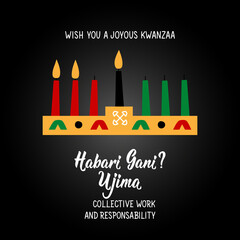 Questions in Swahili: How are you. Traditional greetings during Kwanzaa. Ujima means Collective Work and Responsibility. Congratulations on the the third day of Kwanzaa. African American holidays card
